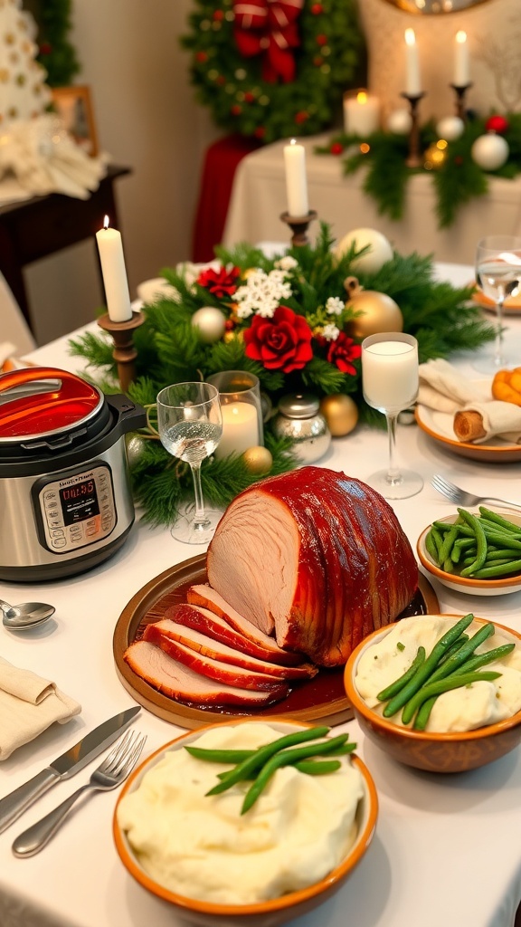 Instant Pot Christmas Dinner Ideas Christmas dinner table with honey glazed ham, mashed potatoes, and green beans.